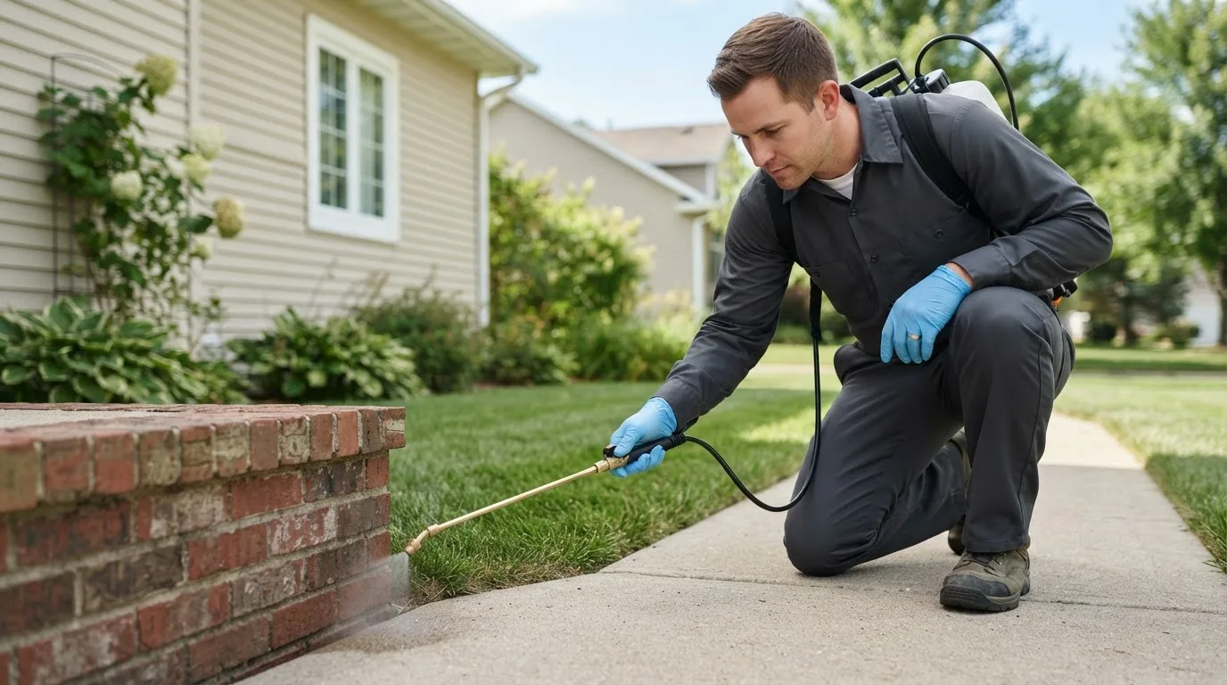 Pest control technician treating a home near Lexington, MA